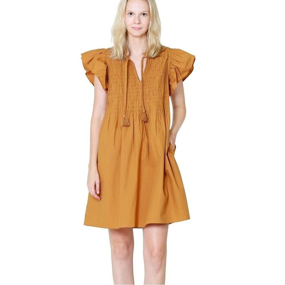 Sea New York Rene Smocked A-line Mini Dress Flutter Sleeve Cotton Poplin Sz 2